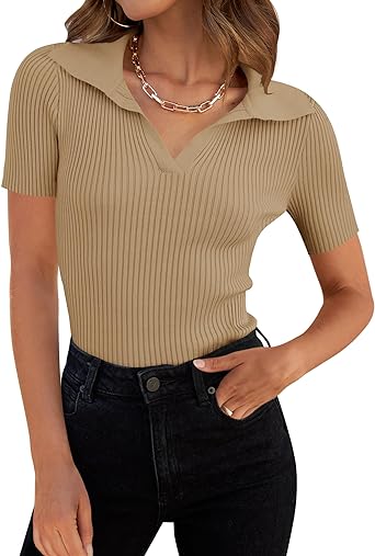 Photo 1 of  Women's Short Sleeve V Neck T Shirts 2024 Summer Ribbed Knit Slim Fitted Basic Solid Color Tee Tops M