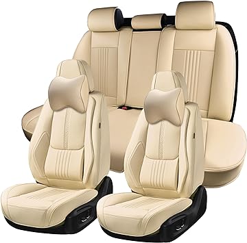 Photo 1 of Car Seat Covers Full Set, Front and Rear Seat Covers for Cars, Waterproof Leather Auto Seat Protectors with Head Pillow, Car Seat Cushions Fit for Most Sedans SUV Pick-up Truck, Beige