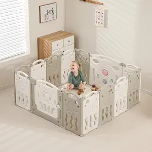 Photo 1 of IFLETH Baby Playpen Foldable Baby Fence with Game Panel and Safety Gate,Adjustable Shape Non-Slip Suction Cup,Play Pens for Babies and Toddlers Portable Kids Play Yards for Indoor Outdoor White+Brown 22 Panel