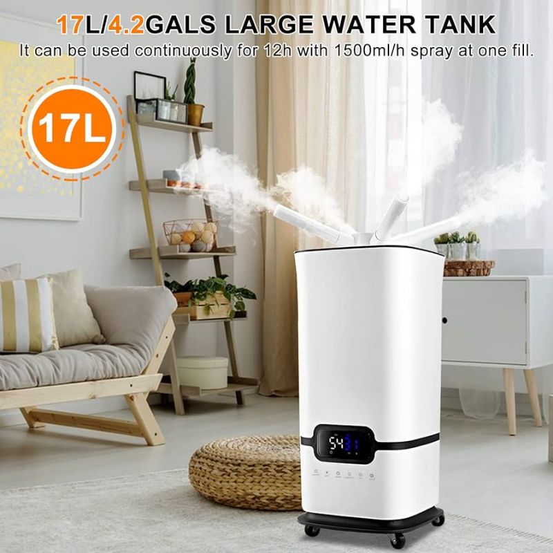 Photo 1 of JIAWANSHUN Industrial Humidifier Commercial Humidifier with Water Pipe 1500ML/h Cool Mist Humidifier,1200sq.ft 17L/4.2Gals Whole House Humidifier Top Filled Humidifier for Large Room Green House
