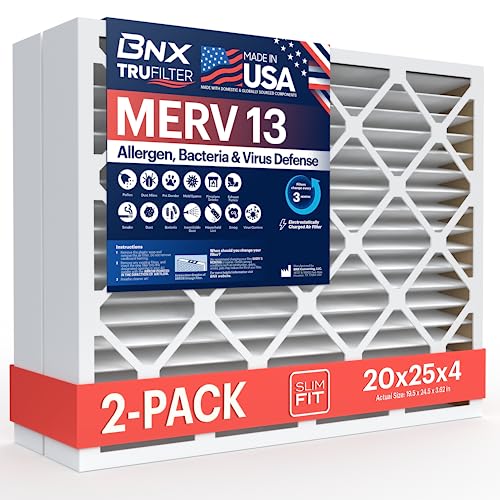 Photo 2 of BNX TruFilter 20x25x4 (19 1/2’’ X 24 1/2’’ X 3 5/8‘’) MERV 13 Air Filter (SlimFit) (2-Pack) - MADE in USA - Electrostatic Pleated Air Cond
