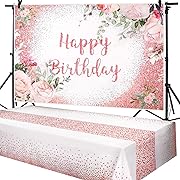 Photo 1 of 2 Pcs Pink Rose Gold Birthday Party Supplies Rose Gold Happy Birthday Backdrop Floral Happy Birthday Banner Rose Gold Plastic Tablecloth Table Cover for Photoshoot for Girls Women Party Supplies
