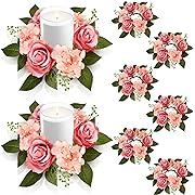 Photo 1 of Jutom 8 Pcs Wedding Rose Candle Rings Artificial Floral Wreaths with Green Leaves Flower Candle Rings Candleholders Garland for Pillar Centerpiece Party Table Decor, 3.94'' Inner Diameter (Pink)
