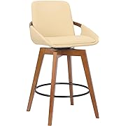 Photo 1 of Armen Living Baylor Mid Century Modern 26" Seat Height Cream Faux Leather and Walnut Wood Swivel Bar Stool for Kitchen Island Counter
