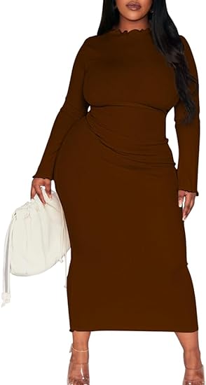 Photo 1 of BEAGIMEG Women's Sexy Bodycon Plus Size Long Sleeve Rib Lettuce Hem Club Evening Party Maxi Dress