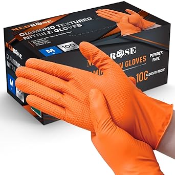 Photo 1 of MedRose Disposable Nitrile Gloves –Raised Diamond Texture, Extra Thick, Latex-Free, Powder-Free, Orange Gloves - Ideal for Industrial, Lab, Automotive, and Mechanic Use – Medium – 100 Gloves per Box