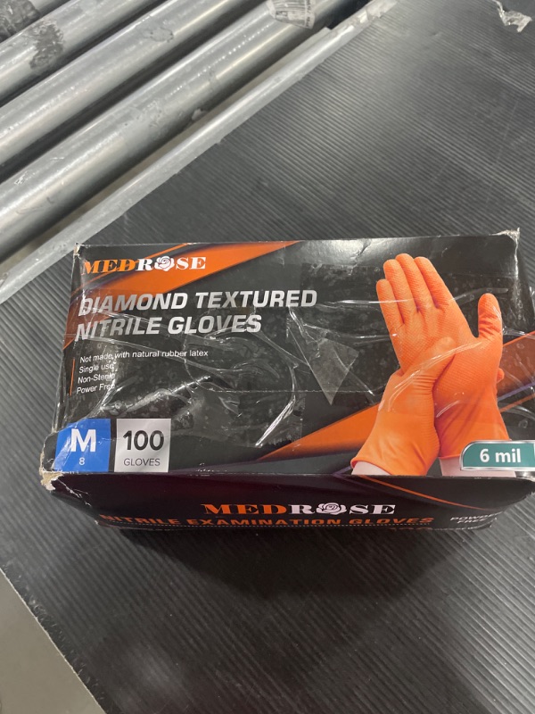 Photo 2 of MedRose Disposable Nitrile Gloves –Raised Diamond Texture, Extra Thick, Latex-Free, Powder-Free, Orange Gloves - Ideal for Industrial, Lab, Automotive, and Mechanic Use – Medium – 100 Gloves per Box