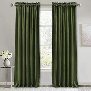 Photo 1 of RYB HOME Room Darkening Velvet Curtains 2 Panels Set, Luxury Window Treatment Privacy Thermal Insulated Backdrops for Living Room, 52 inch x 90 inches, Olive Green