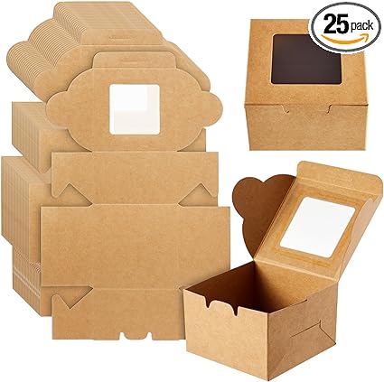 Photo 1 of Juvale 25-Pack Mini Cake Boxes with Window - Individual Cupcake Packaging Containers for Bundt Cakes, Cookies, Baked Goods, Donut, Pie (Kraft Paper Material, 4x4x2.5 In)