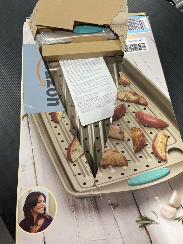 Photo 2 of Rachael Ray Cucina Nonstick Bakeware Set with Grips, Nonstick Cookie Sheet / Baking Sheet and Crisper Pan - 2 Piece, Latte Brown with Agave Blue Handle Grips