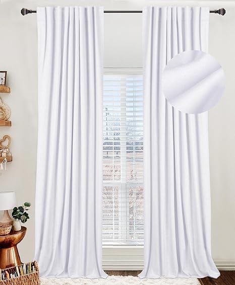 Photo 1 of White Blackout Curtains Linen Blackout Curtains for Bedroom 96 Inches Long,Back Tab/Rod Pocket Living Room Drapes,Thermal Insulated Textured Blackout Curtains 2 Panels Set,50" W x 96" L,Bright White