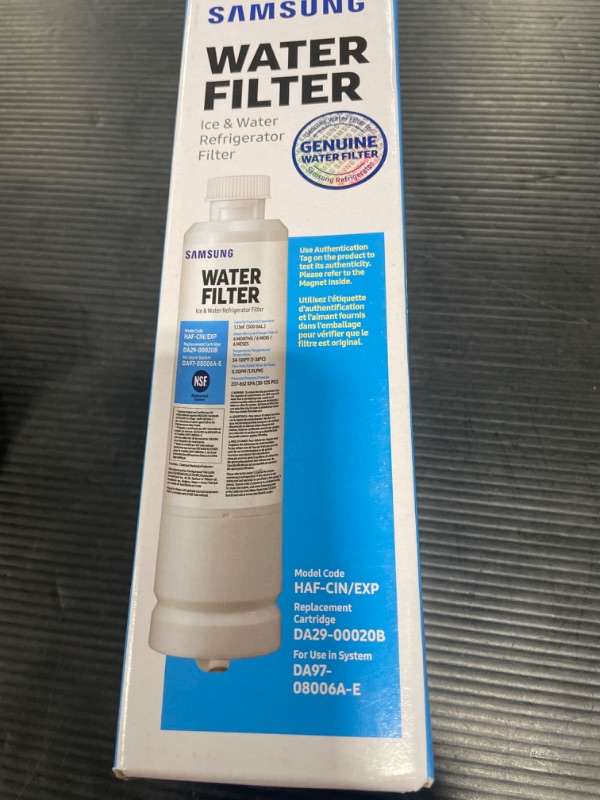 Photo 1 of SAMSUNG Genuine Filter for Refrigerator Water and Ice, Carbon Block Filtration, Reduces 99% of Harmful Contaminants for Clean, Clear Drinking Water, 6-Month Life, HAF-QIN/EXP, 1 Pack