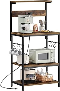 Photo 1 of SUPERJARE Kitchen Bakers Rack with Power Outlet, Coffee Bar Table 4 Tiers, Kitchen Microwave Stand with 6 S-Shaped Hooks, Kitchen Storage Shelf Rack for Spices, Pots and Pans - Rustic Brown