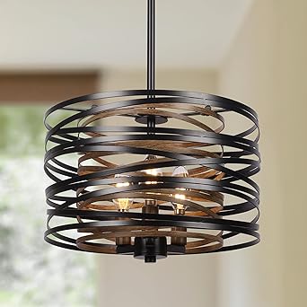 Photo 1 of 12.6'' Farmhouse Chandeliers for Dining Room, 3-Light Industrial Metal Hanging Light Fixture, Rustic Drum Pendant Light for Entryway Kitchen Foyer Bedroom, Black with Retro Wood Texture Interior