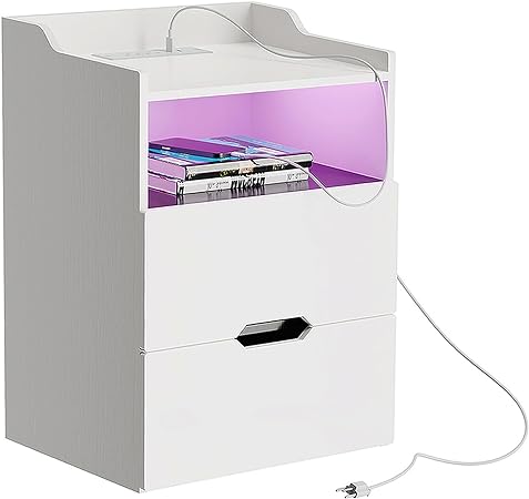 Photo 1 of LKEIYAY NIGHTSTAND WITH CHARGING STATION AND 2 DRAWER WHITE LED NIGHTSTAND WITH 2 USB PORTS BLACK