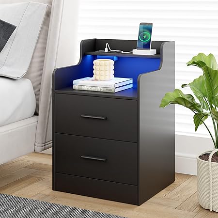 Photo 1 of Nightstand with Charging Station,Modern Bedside Table with LED Light, Night Stand with 2 Drawers and Storage Shelves, Bedside Table for Bedroom,End Side Table Black (1)