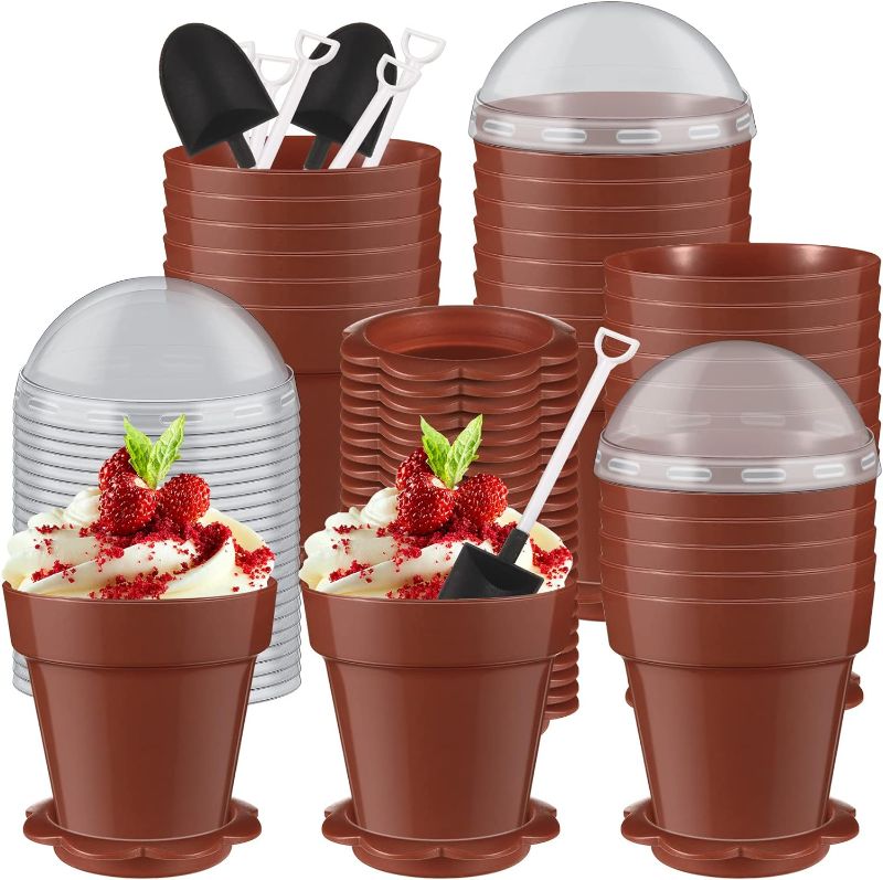 Photo 1 of 100 Pack Flowerpot Dessert Cup Plastic Cake Cups with Lid Shovel Spoon Bottom Tray Small Flower Pot Cups Dessert Cups Ice Cream Yogurt Containers Holder for Ice Cream Pudding Mousse DIY Baking
