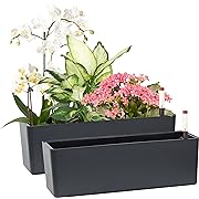 Photo 1 of GardenBasix Elongated Self Watering Planter Pots 2-Pack Window Box 5.5 x 16 inch Indoor Home Garden Modern Decorative Pot for All House Plants Flowers Herbs (Dark Grey,2)
