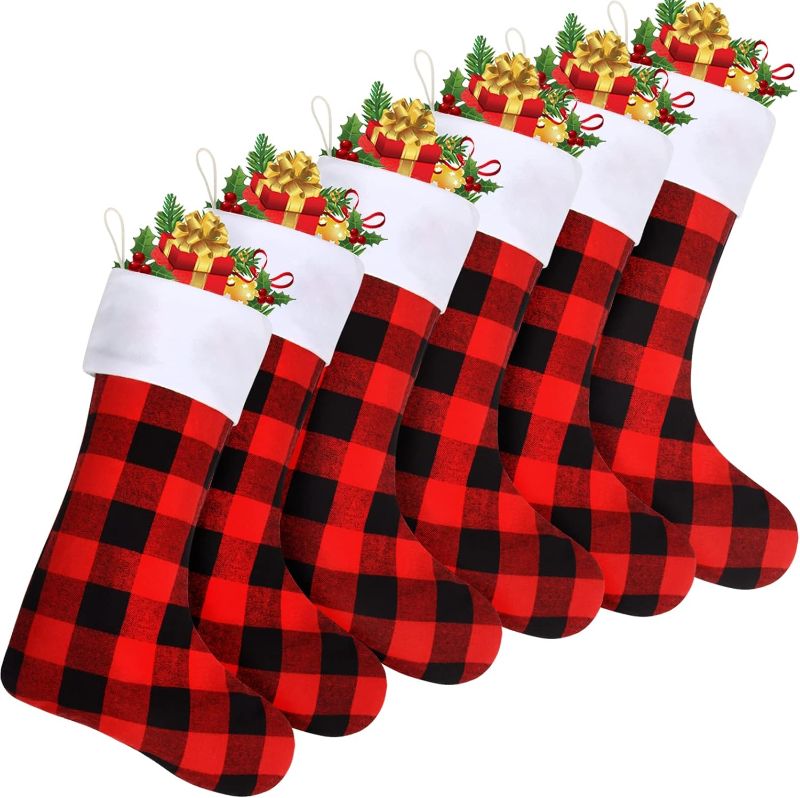 Photo 1 of  6 Pack Christmas Stockings Bulk, 18 Inch Large Red Black Buffalo Plaid Fireplace Hanging Stockings for Family Holiday Xmas Party Decoration