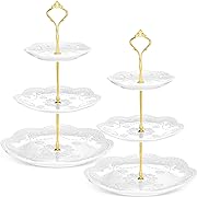 Photo 1 of 2 Pcs 3 Tier Porcelain Cupcake Stand, White Ceramic Tiered Stand, Afternoon Tea Stand, Pastry Serving Stand Elegant Dessert Cookie Stands for Wedding, Birthday, Tea Party (Lace Round Shape)
