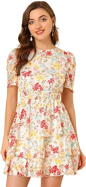 Photo 1 of Allegra K Women's Layered Chiffon Shirred Floral Dress XL
