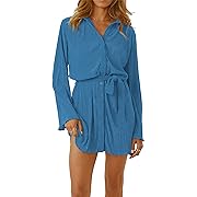 Photo 1 of Anytree Womens Pleated Dress Long Sleeve Button Down Casual Mini Shirt Dresses with Belt and Pockets Vintage Streetwear AD1 XL
