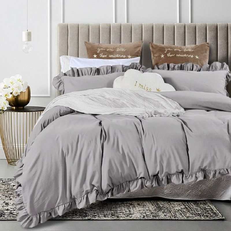 Photo 1 of  Cotton Ruffle Queen Duvet Cover Set,Farmhouse Cute Aesthetic Shabby Bedding Comforter Quilt Cover Gray CALL KING 