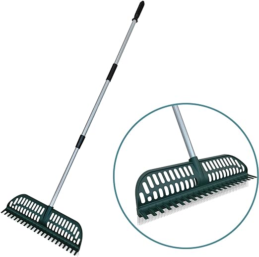 Photo 1 of ORIENTOOLS 2 in 1 Turf Rake - Plastic Head Turf Rake for Artificial Grass, Multifunction Artificial Grass Rake with Telescopic Steel Handle, Garden Lawn Leaf Pet Hair Remove 49 to 63 Inches