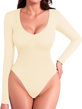 Photo 2 of CLOZOZ Long Sleeve Bodysuit Shapewear Tummy Control V Neck Bodysuits for Women Ribbed Seamless XS
