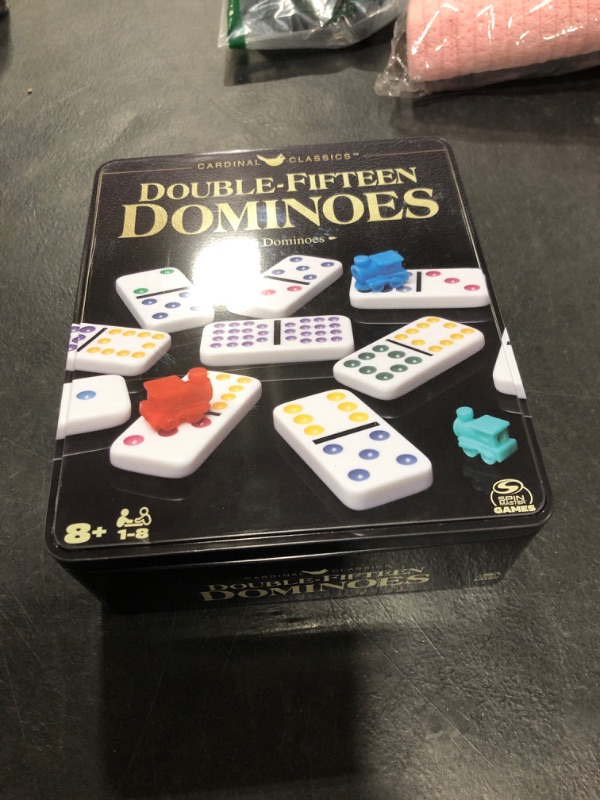 Photo 2 of Spin Master Games Double Fifteen Dominoes Set in Storage Tin, for Families and Kids Ages 8 and up Double Line 15 Racks