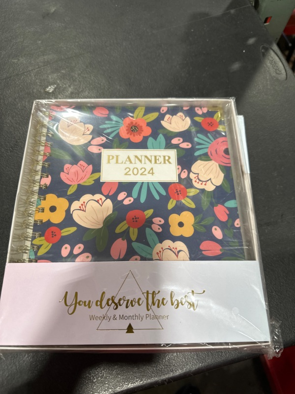 Photo 1 of 2024 Planner - Large Planner 2024, Weekly & Monthly with Tabs, 8" x 10", January 2024 - December 2024, Hardcover with Back Pocket + Twin-Wire Binding + 15 Notes Pages + Inner Pocket - Navy Floral