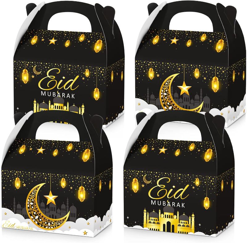 Photo 1 of 24 Pack Ramadan Treat Boxes Eid Mubarak Gift Boxes Mosque Star Moon Lantern Eid Party Favor Boxes with Handle Bulk Ramadan Goodie Candy Box for Eid Al Fitr Packages Supplies (Black Gold)
