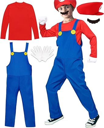 Photo 1 of Plumber Costume for Kids-Plumber Costume for Boys Halloween Costumes Cosplay Jumpsuit with Hat Mustache Gloves (Red, XXL(Height 51"-54"))
