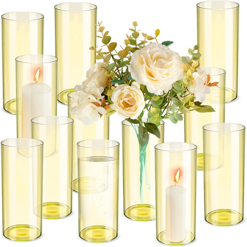 Photo 1 of 12 Sets Ziliny Clear Glass Cylinder Vases Hurricane Candle Holder 6 Inches Tall Decorative Flower Vases for Centerpieces Table Floating Candles Holders Wedding Home Decor Party (Yellow)
