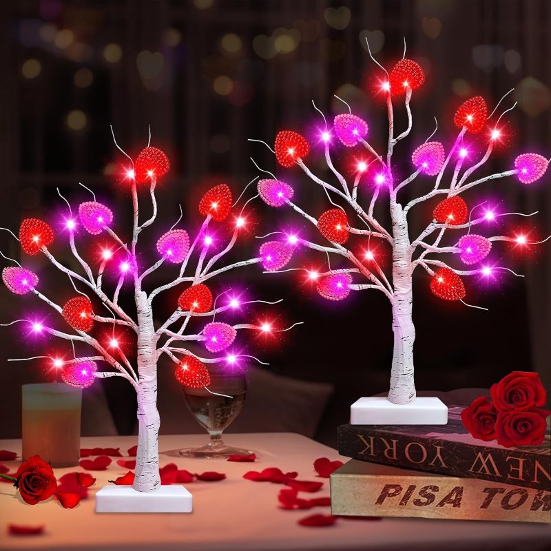 Photo 1 of [2 Pack & Timer] Valentines Day Tree Decor, Lighted Birch Tree for Tabletop with Total 48 LED Red Pink Lights 24 Pearl Heart Shaped Ornaments Battery Operated Valentine's Day Decorations for Home
