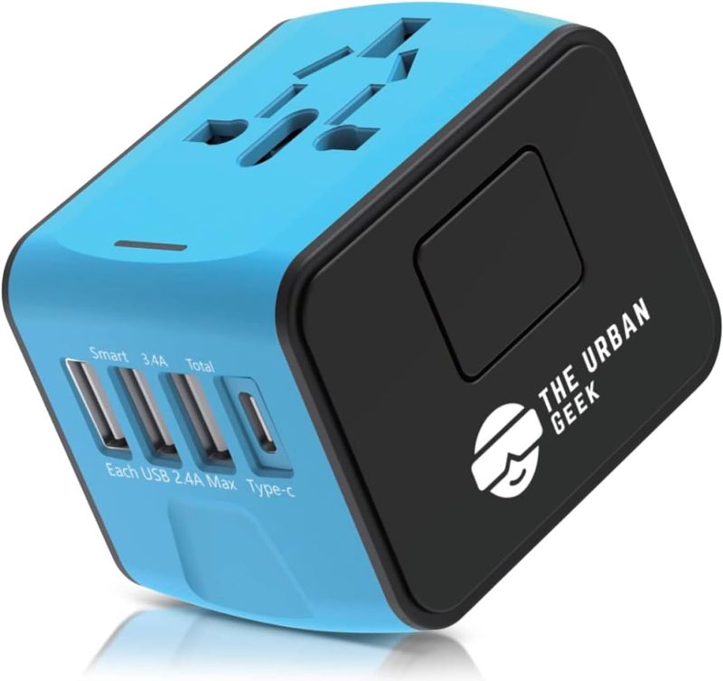 Photo 1 of TheUrbanGeek Universal Power Adapter (Blue) - International Travel Plug Adapter - Worldwide Charger AC Adapter Plug for 200+ Countries - US/EU/AU/UK Plug - All-in-One Adapter with 5A Smart Power
