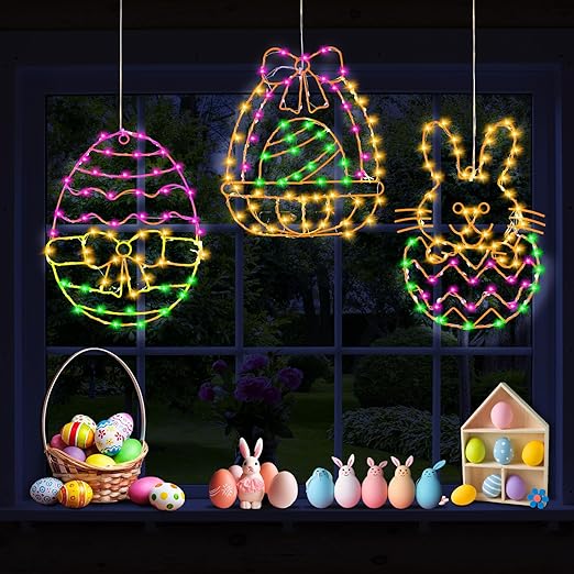Photo 2 of 3 Pcs 12" Easter Egg Bunny Window Lights, Easter Silhouette Light Decorations Eggs Basket Battery Operated Hanging Light for Outdoor Indoor Spring Easter Party Decor
