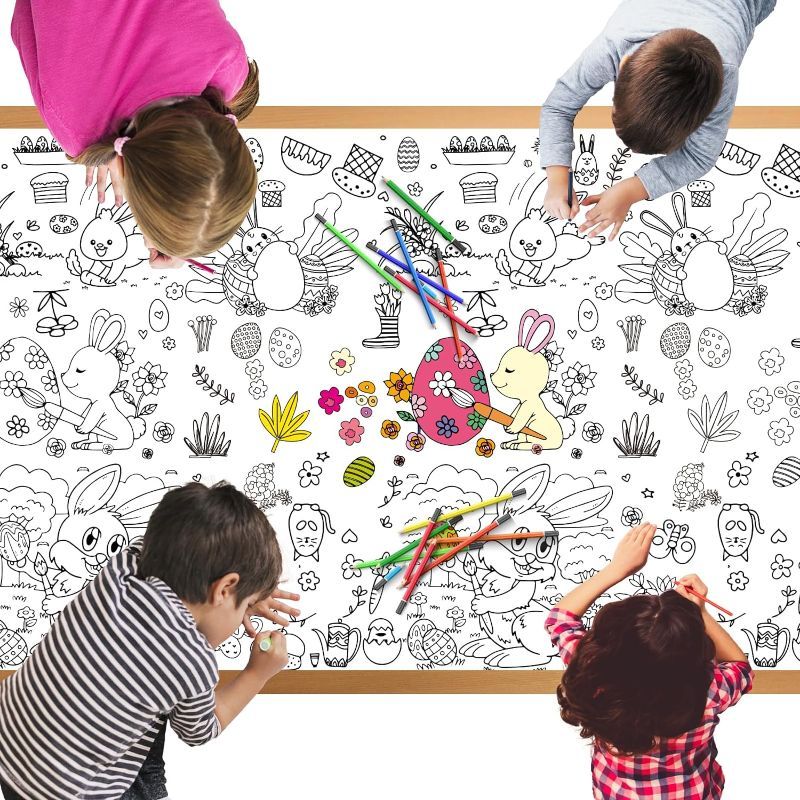 Photo 1 of Spring Easter Coloring Book for Kids: 72x30 Inch Activity Poster Crafts, Classroom Game, Spring and Easter Paper Table Cloth & Cover, Bunny & Egg Tablecloth Banner Party Supplies Decoration

