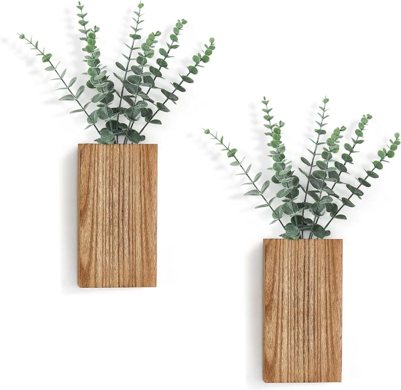 Photo 1 of Dahey 2 Pack Wood Wall Planter Vase with Artificial Eucalyptus Farmhouse Wall Hanging Decor Pocket Planter for Indoor Fake Plants Greenery Flowers, livingroom Bedroom Kitchen Home Office Decoration
