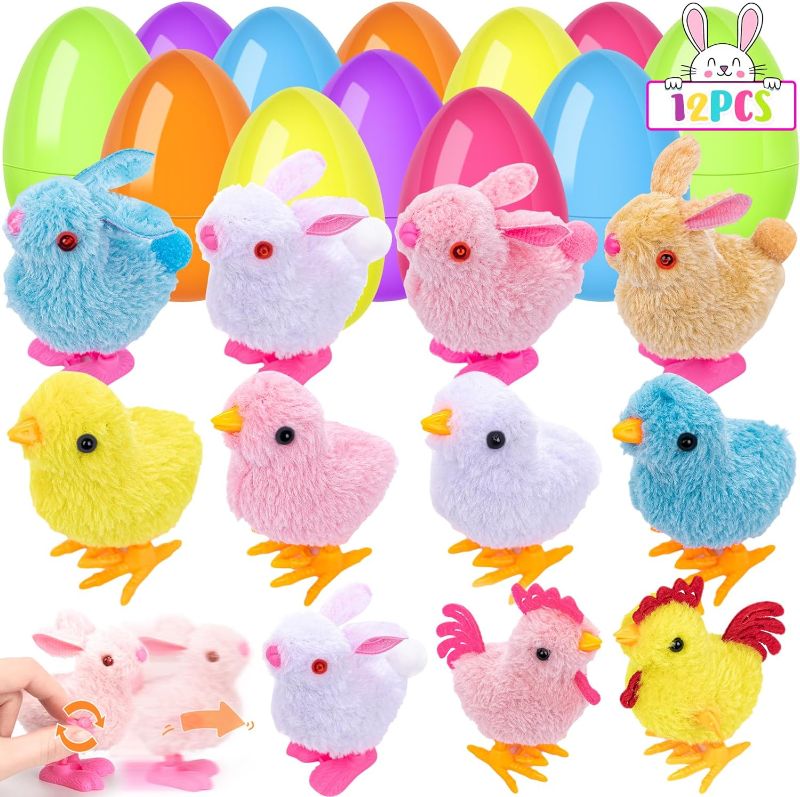 Photo 1 of 12Pcs Easter Basket Stuffers,Easter Eggs with Wind Up Chicks and Bunnies,Easter Party Favors Supplies Easter Egg Hunt,Easter Gift Goodie Bags Stuffers Fillers Treats Classroom Prize
