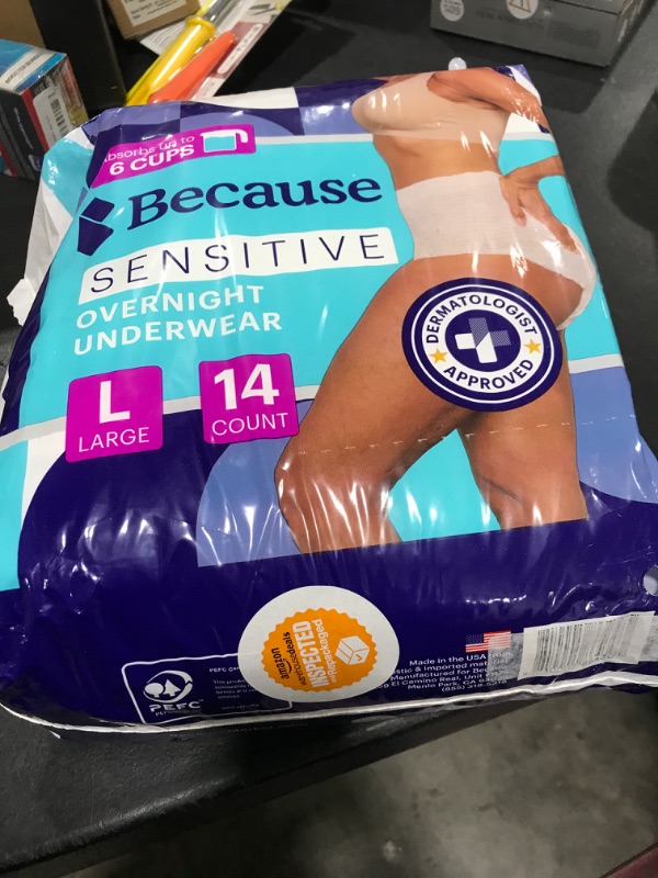 Photo 2 of Because Adult Incontinence Underwear for Sensitive Skin - Women - Premium Overnight Disposable Briefs, Anti Odor - White, Large - Absorbs 6 Cups - 14 Count (Pack of 1) Large (14 Count)