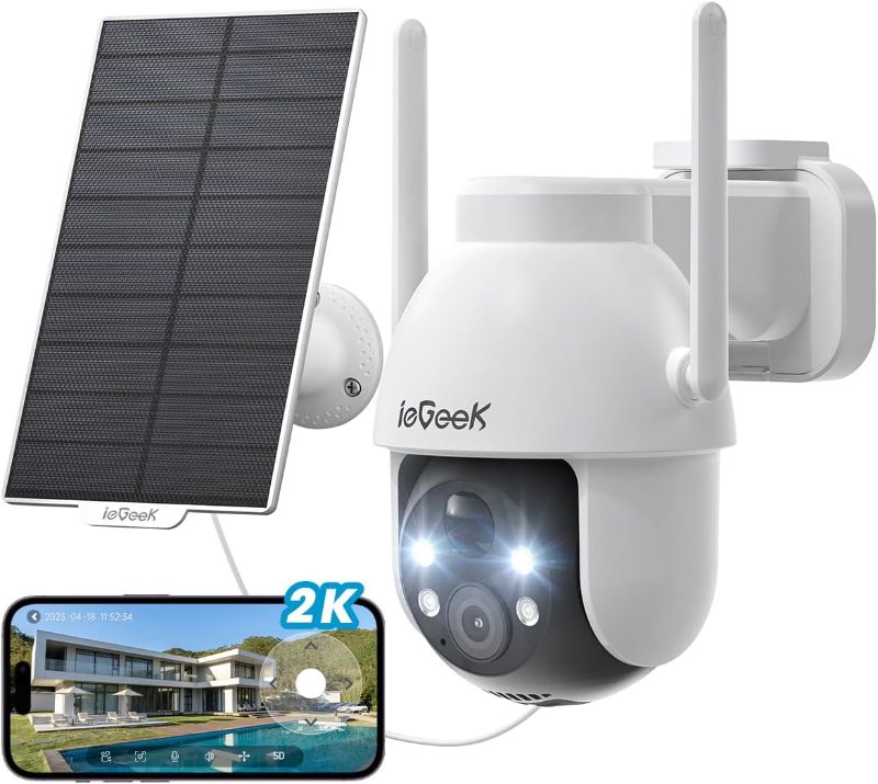Photo 1 of ieGeek Security Cameras Wireless Outdoor, 2K Solar WiFi Camera for Home Security System, Battery Powered Surveillance Cam with Solar Panel, 360° PTZ Color Night Vision, Motion Sensor, Works with Alexa
