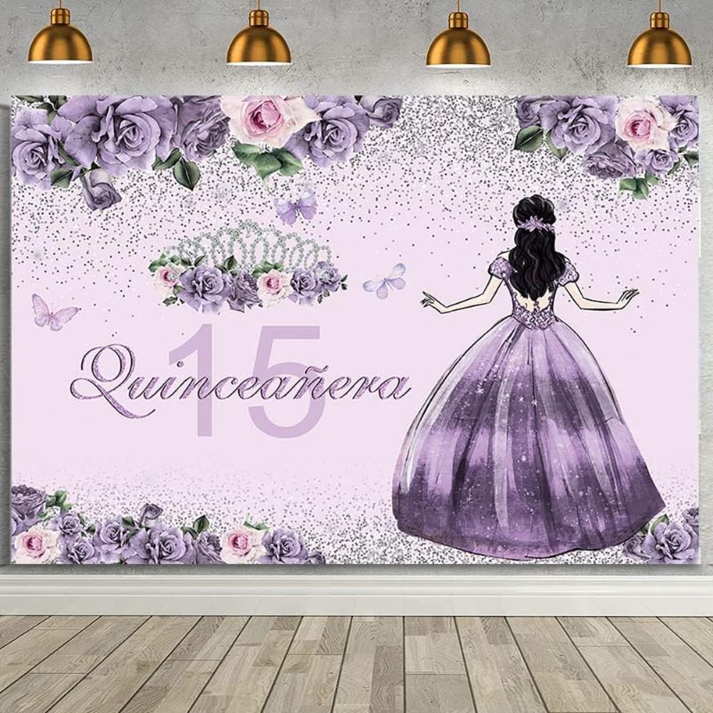 Photo 1 of 7x5ft Quinceanera 15th Birthday Backdrop Golden Crown Purple Floral Dress Crown Princess Photography Background 15th Birthday Party Quinceanera Decorations Banner Studio Props
