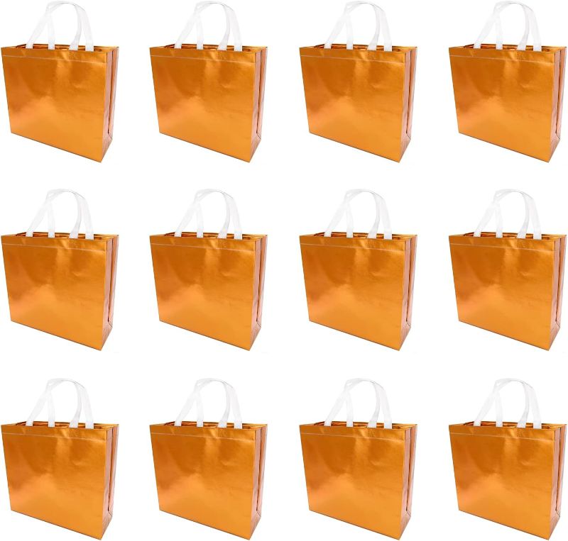 Photo 1 of 12 Gold Gift Bags Shiny Party Favor Bags with Handle Non-Woven Reusable Glossy Goodie Bags for Birthday, Christmas, Halloween
