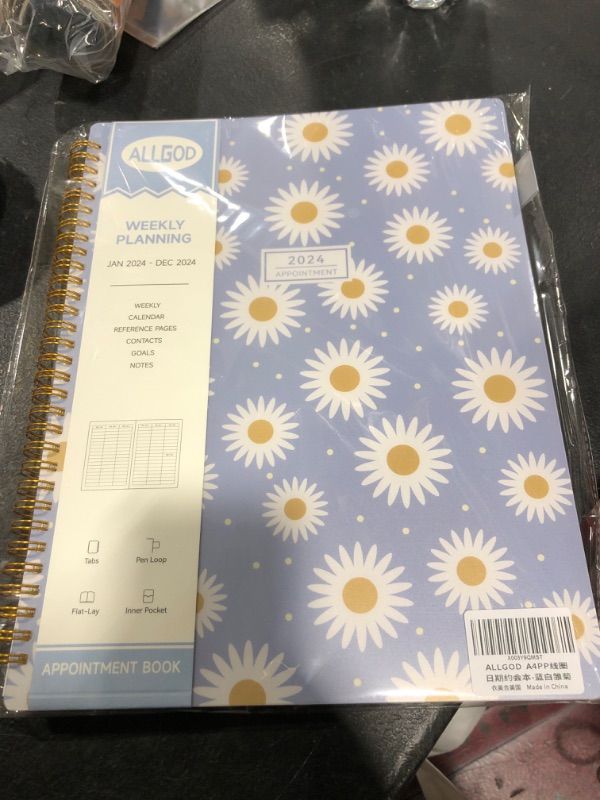 Photo 1 of Appointment Book 2024 Weekly & Monthly Planner 8.5"x11", Large Schedule Planner 2024 Daily Hourly Planner Appointment with Spiral Bound, 15 Minute Increments, Tabs, Pocket, Blue Daisy
