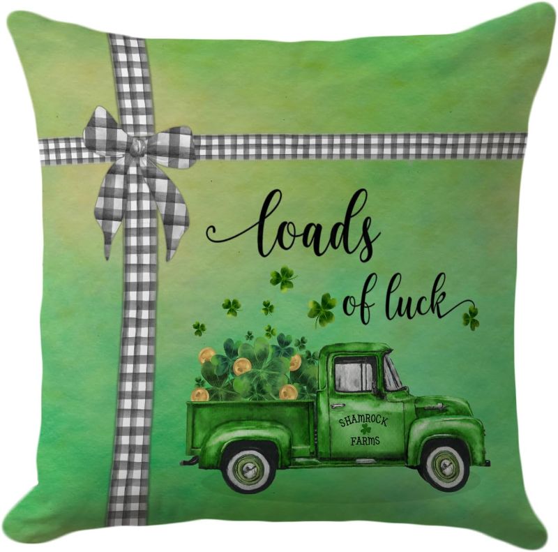 Photo 1 of 18x18 Inch St Patrick's Day Pillow Cover - 'Loads of Luck' Watercolor Green Pickup Truck & Shamrock Clovers Design - Green Rustic Decorative Pillowcase for Sofa, Couch, Bedroom 2 Pack
