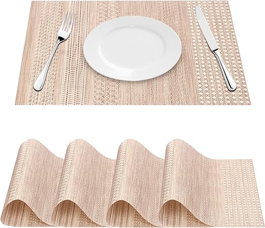 Photo 1 of  Placemats, Placemats for Dining Table, Washable PVC Table Mats Durable Woven Vinyl Kitchen Table Mats Set of 4, Light Brown