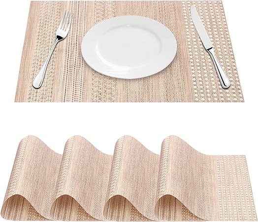 Photo 1 of  Placemats, Placemats for Dining Table, Washable PVC Table Mats Durable Woven Vinyl Kitchen Table Mats Set of 4, Light Brown
