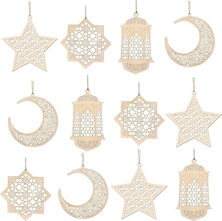 Photo 1 of 12 Pieces Ramadan Eid Mubarak Wooden Pendant Ornament, Islam Ramadan Kareem Decoration Moon Star Light Shape Hanging Pendant Wall DIY for Egyptian Aladdin Holiday Birthday Wedding Decorations