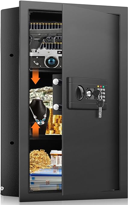 Photo 1 of 25.6" Tall Fireproof Wall Safes Between the Studs 16" Centers, Hidden Wall Safe with 2 Removable Shelf & Hidden Tray, Heavy Duty Wall Mount Safe for Firearms, Money, Jewelry, Passport Black